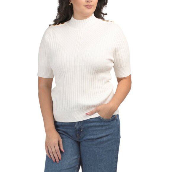 RAFIANA Ivory Gold Ribbed Short Sleeve Turtleneck Sweater - Picture 1 of 2